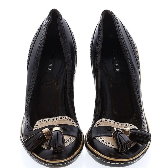 CELINE Brown & Ivory Leather Tassel Loafers Pumps Block Heel - Picture 1 of 11